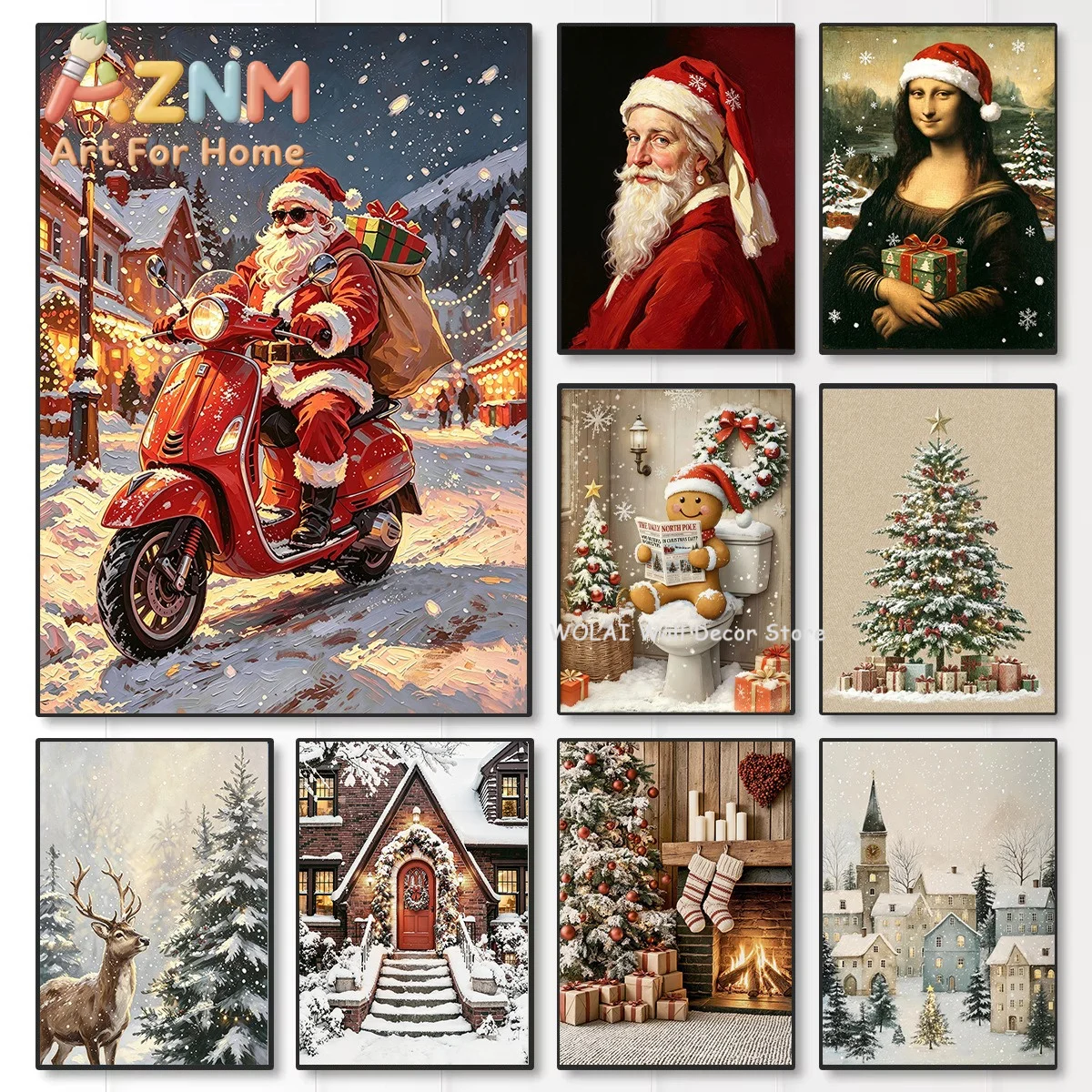 Funny Santa Claus Mona Lisa Snow Scene Christmas Tree Canvas Print Reindeer Gingerbread Man Wall Art Poster for Home Decor Gifts