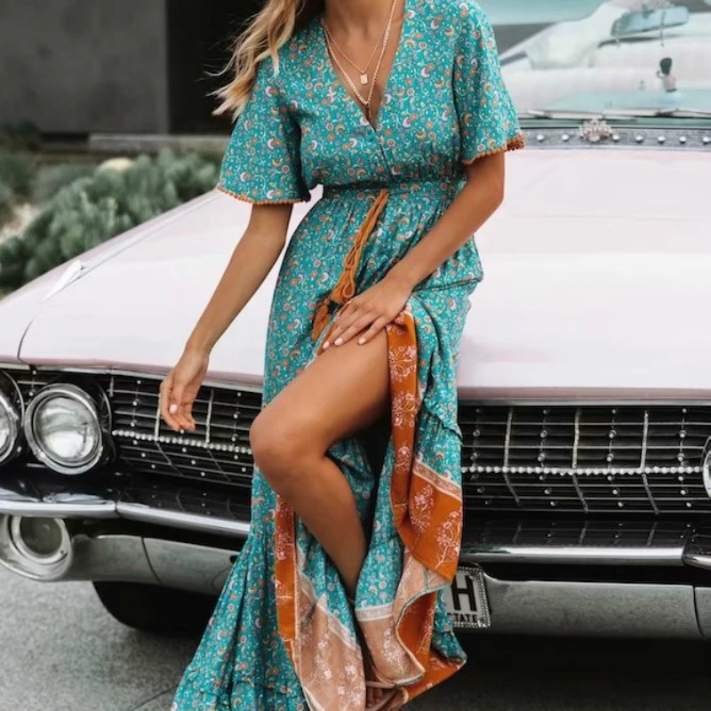 Happie Queens Fashion Women Floral Print V-neck  Rayon Cotton Beach Bohemian Dresses Ladies Tassel Summer Boho Maxi Dress