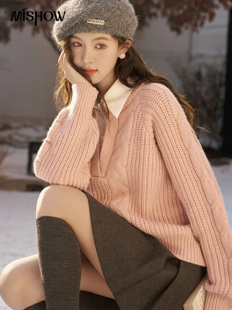 MISHOW Pink Polo Fake Two-piece Sweater Autumn Winter Korean Loose Pullover Jumpers Knitted Shirt Patchwork Top Woman MXC59Z0478