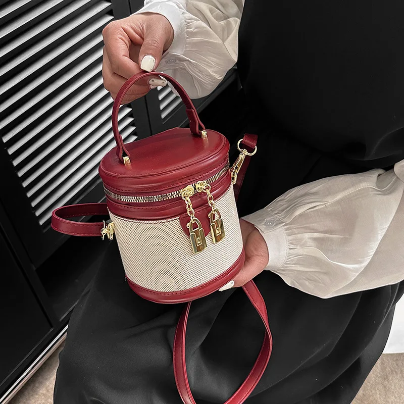 Retro Bucket Bag for Women 2023 New Handheld Fashion Contrast Color Cylinder Bag Canvas Spliced  PU One Shoulder Crossbody Bag