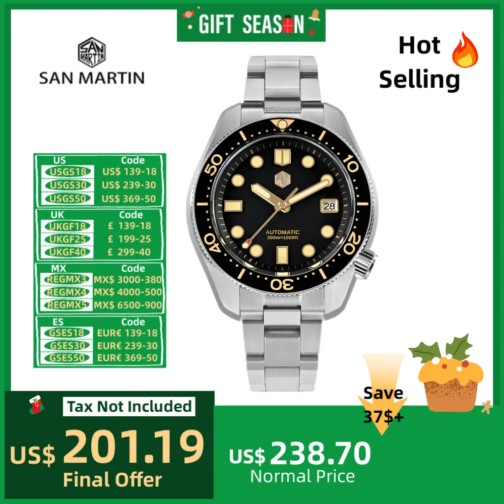 San Martin 44mm MM300 Black Turtle NH35 Men\'s Watch Mechanical Vintage Sapphire Date Window Gilt Dial 30Bar Reloj Hombre SN0087