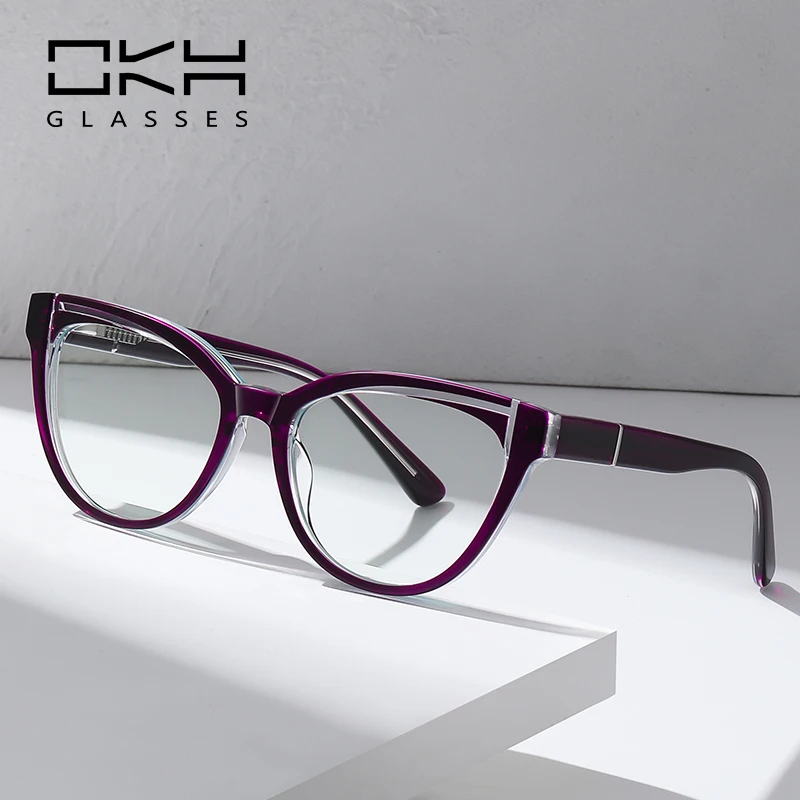 

OKH High Quality Acetate Eyeglasses Frame Women Anti Blue Plain Glasses Spectacle Frame Elegant Lady Retro Cat Eye Glasses W43