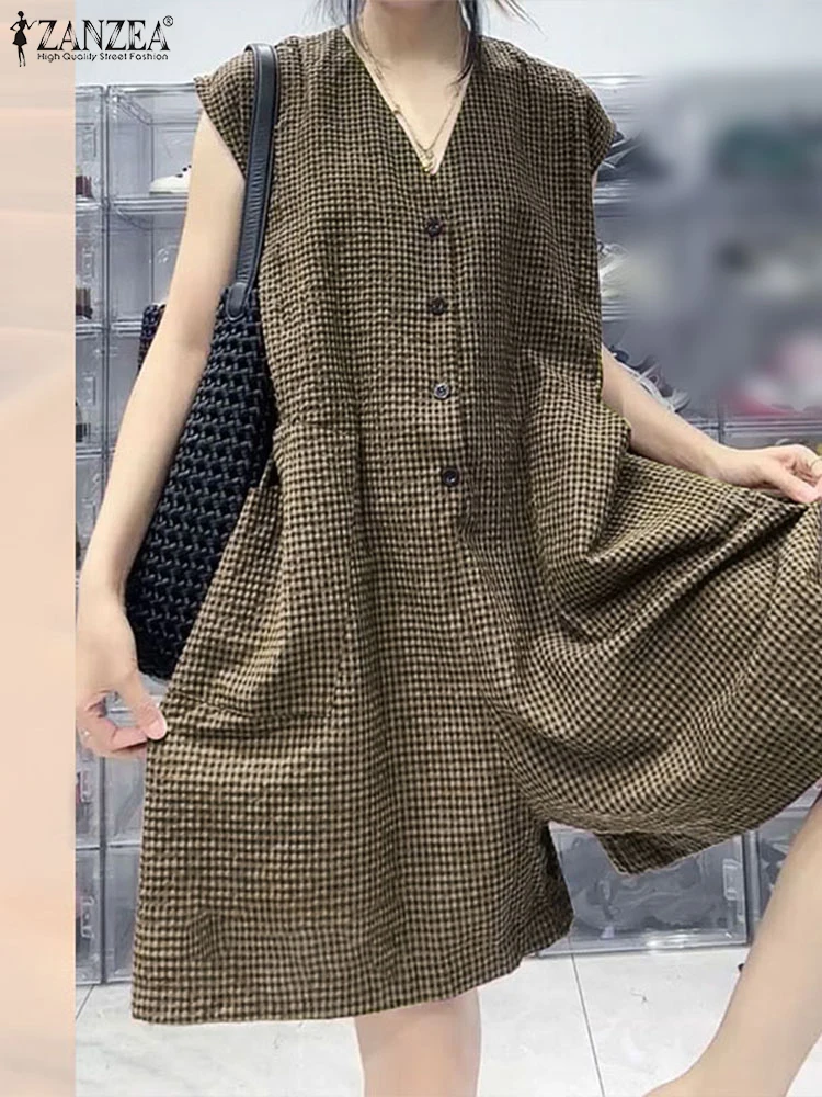 2025 ZANZEA ファッション女性ワイドレッグジャンプスーツ夏のチェック柄チェックオーバーオールパンツカジュアル V ネックノースリーブワークロンパースオーバーサイズ