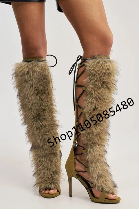 2026  Fur Wrap Cross Tied Platform Sandals Women Luxury Open Toe Furry High Heels Long Shoes Ladies Sexy Puttee Sandals 44