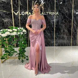 Trendy Modern High Slit Satin Mermaid Ball Gown Beaded Crystal Sequins Off Shoulder Dubai Formal Party Gala Robes De Soirée De