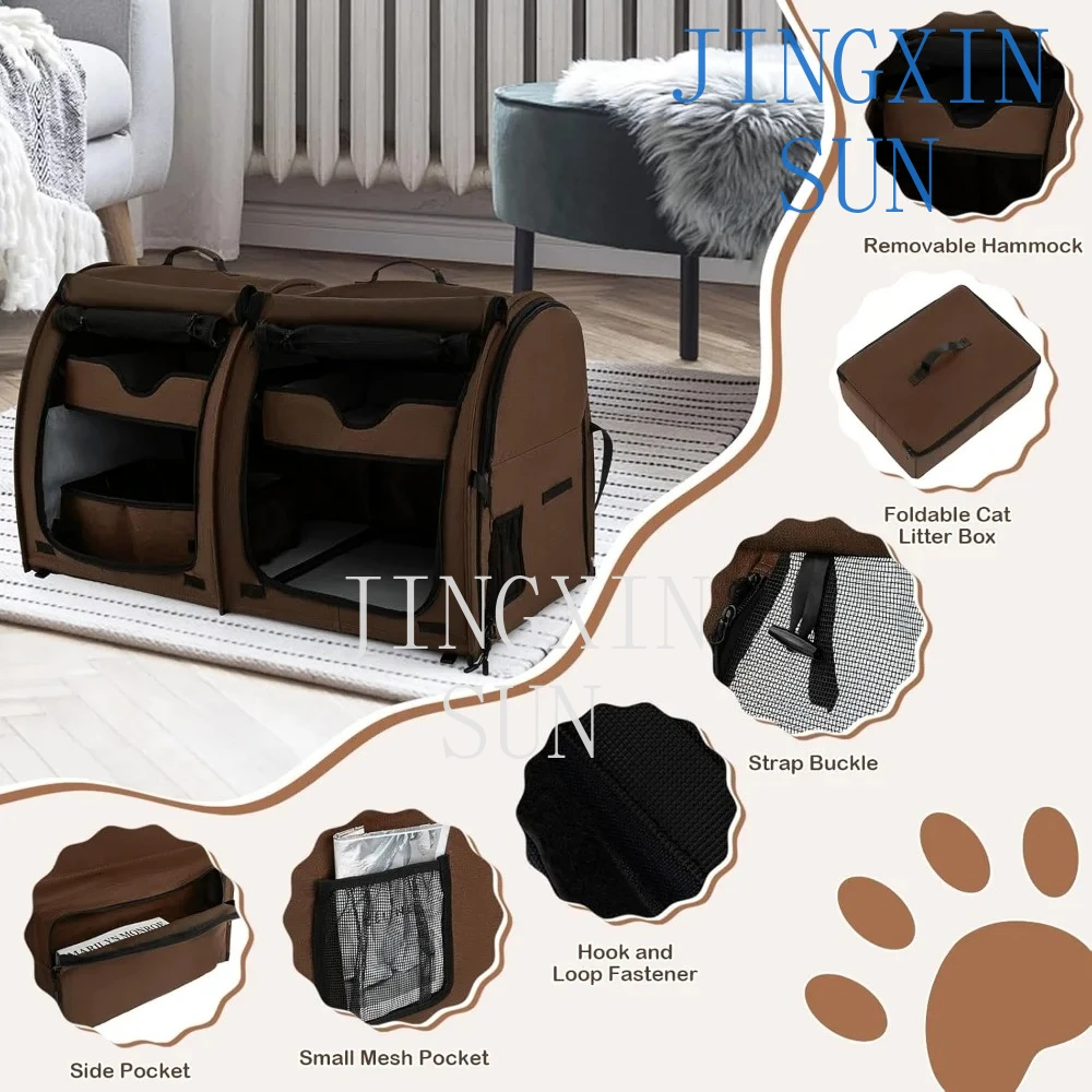 Customizable 40 Inch Cat Carrier with Double Compartments, Portable Pet Kennel with 2 Removable Hammocks