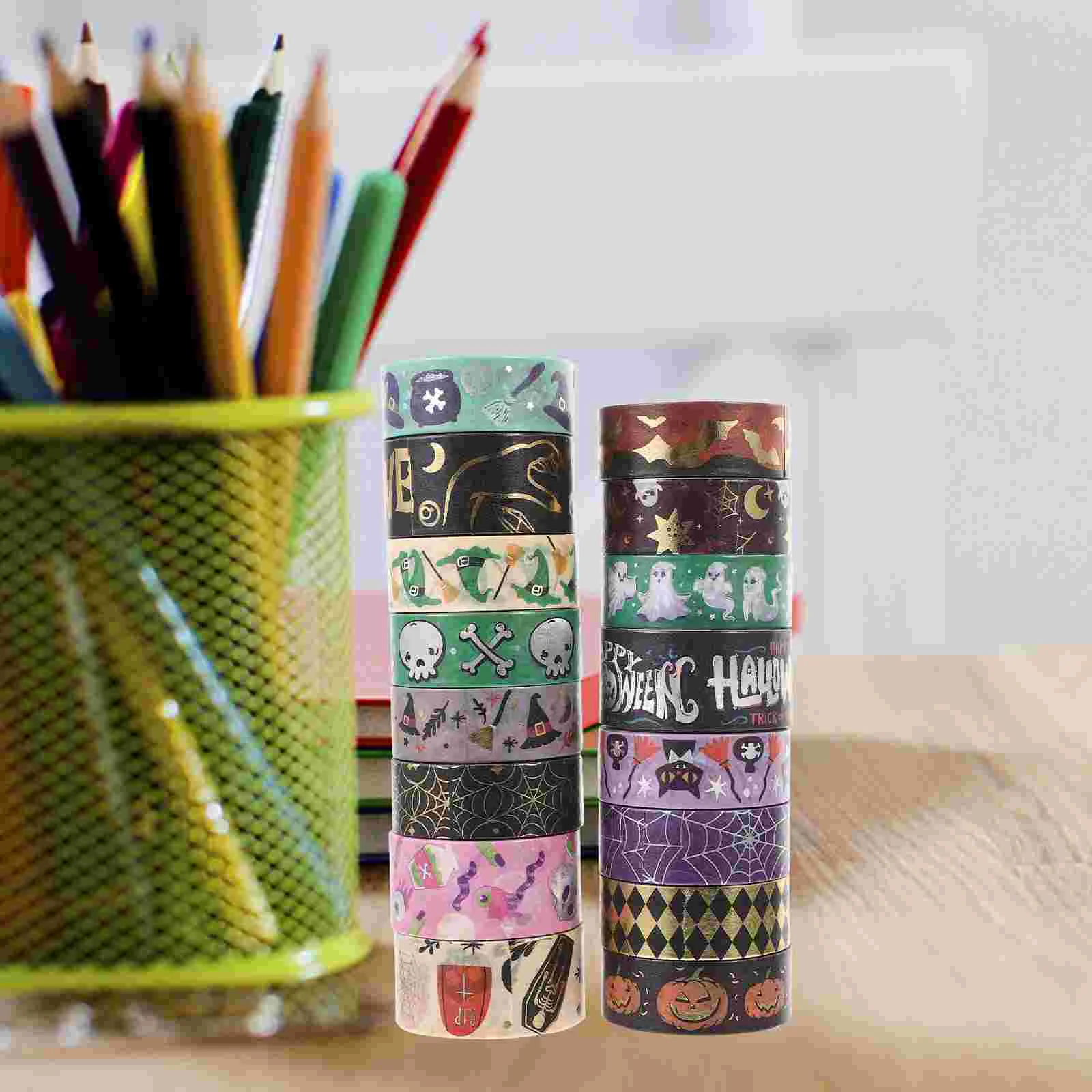 

16 Rolls Halloween Themed Washi Tape Hot Stamping and Silver Foil Collage Decorative (16pcs) Elements Crafts DIY Japanese Paper