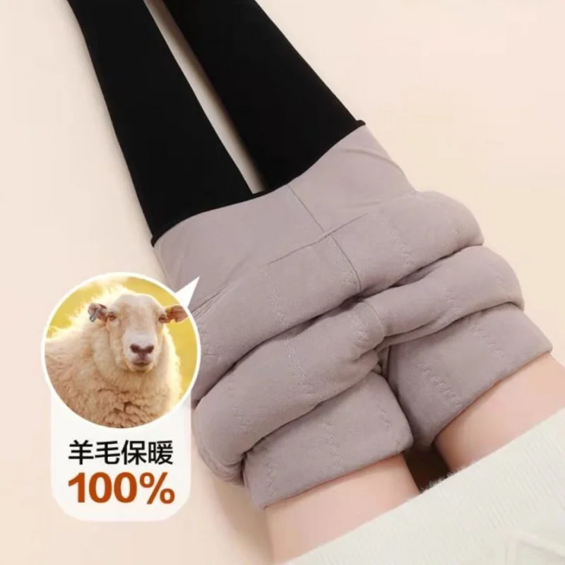 

Шерстяные хлопковые леггинсы для женщин, утепленные флисом, утолщенные, зимние, с высокой талией, корректирующие фигуру, с эффектом шелка, термобрюки.