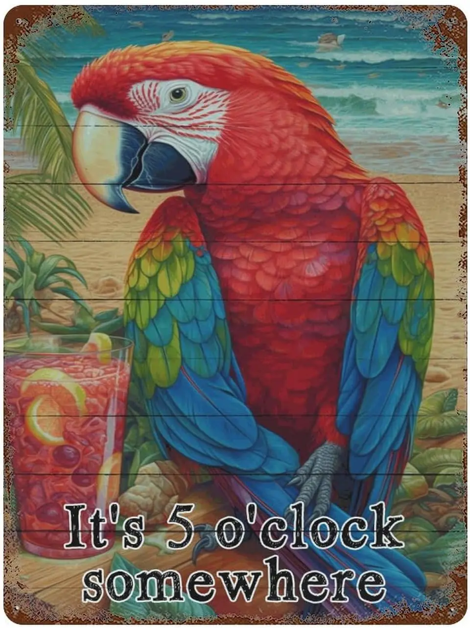 Metal Tin Sign It;s Five O;clock Somewhere Gifts Posters Parrot Flowers Beach Flamingo Aluminum for Outside Laundry Garden Home