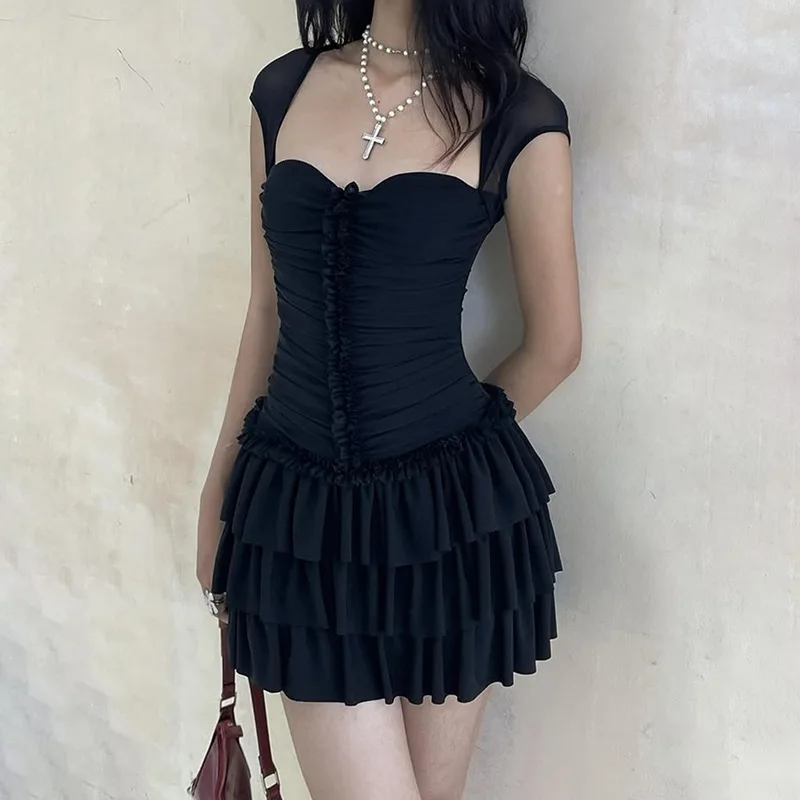 2025, novedad de verano, vestido de mujer de estilo europeo y americano, falda tutú con volantes Retro francés de Color sólido, vestido ceñido a la cintura