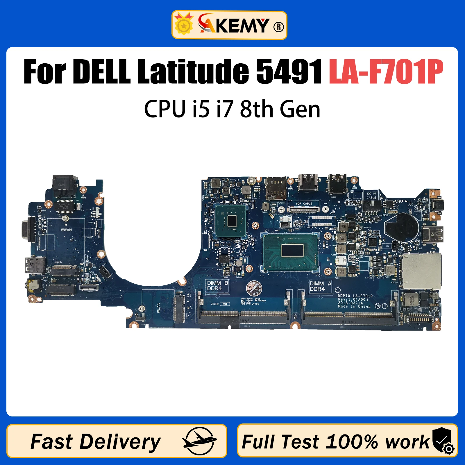 

AKEMY DDP70 LA-F701P For Dell Latitude 5491 Laptop Mainboard 058YYD 04HYMM 061FGF CPU i5 i7 8th Gen Notebook Motherboard Tested