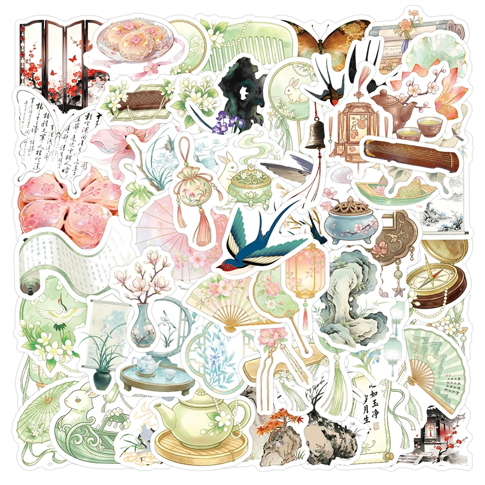 10/30/80pcs Watercolor Chinese Style Element Cartoon Stickers Waterproof Decorative Notebook Stationery Laptop