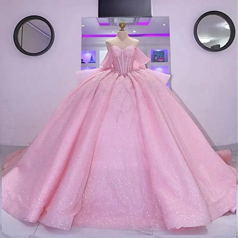 Pink Shiny Princess Ball Gown Quinceanera Dresses Off Shoulder Beaded Crystals Tull Sweet 16 Prom Party Gown Vestido De 15 Anos