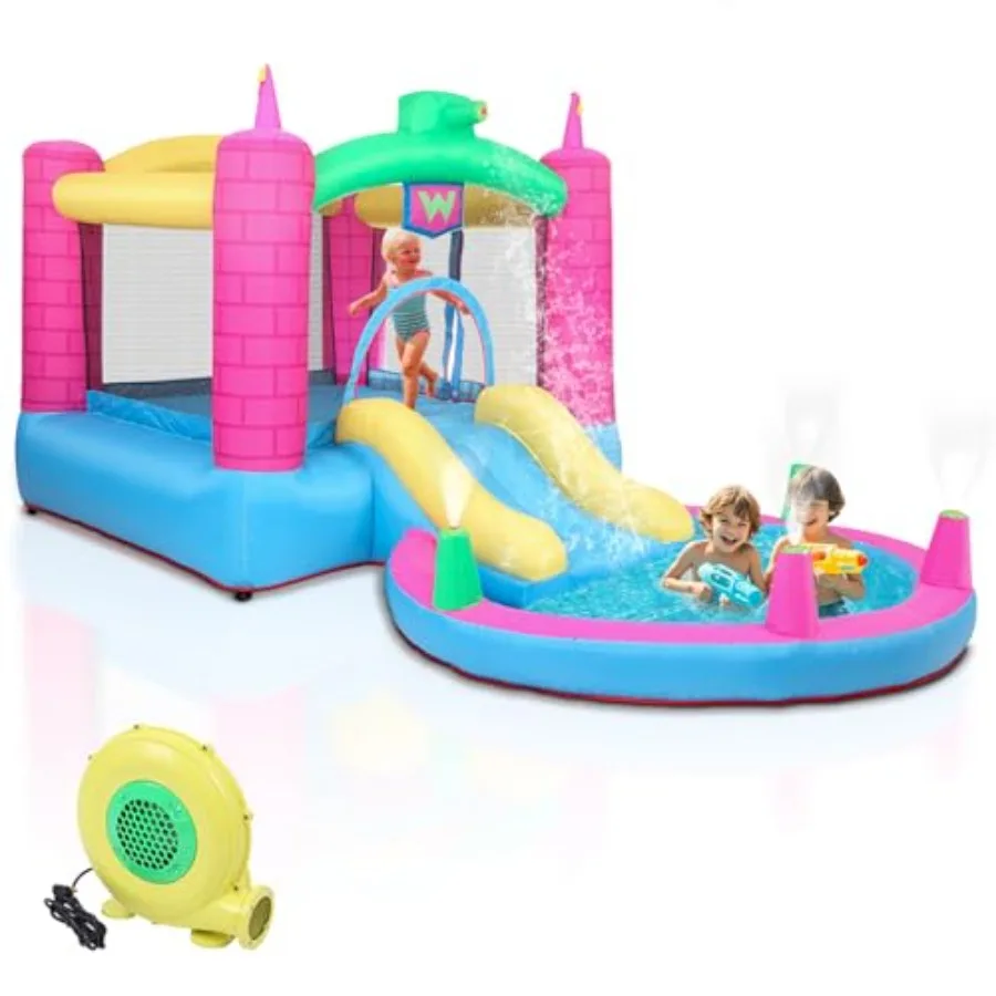 

Bounce Inflatable House with 350W Air Blower for 3 Outdoor Jumping Castle in Blue Bouncy Water Slide W/Pool Carrying Bag Backya