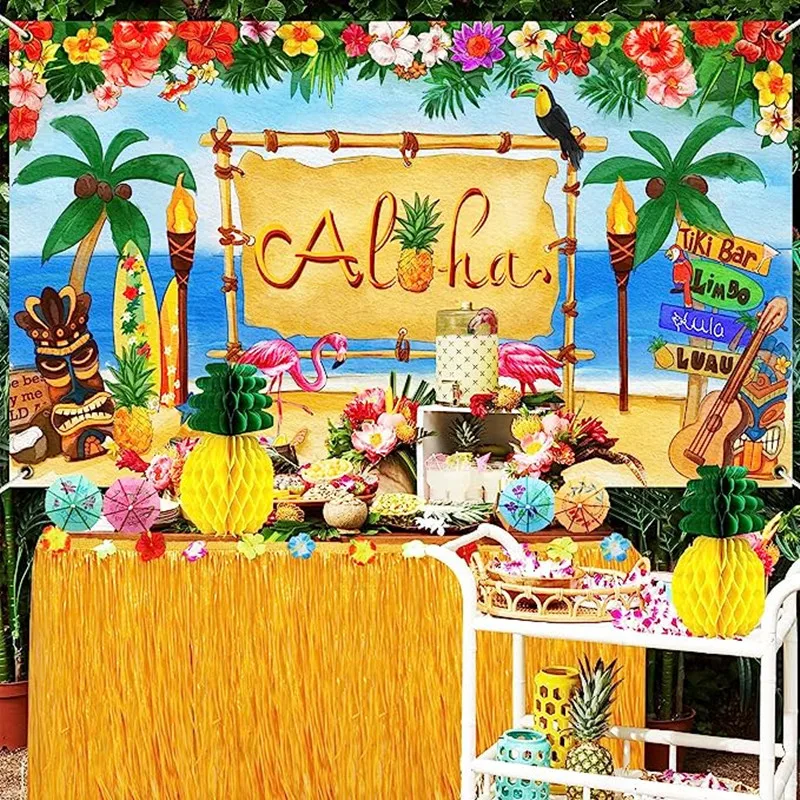 

Tropical Luau Party Plastic Flower Grass Table Skirt Wedding Birthday Summer Beach Party Decoration Hawaiian Tablecloth Supplies