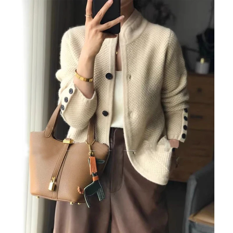 Women\'s Clothing Autumn Winter Vintage Simple Single Breasted Knitted Jacket Korean Fashion Solid Long Sleeve Chic Sweater Coat