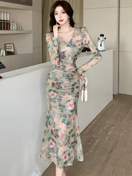 Women Floral V-Neck Luxury Dress with Long Sleeve Spring Autumn Elegant Bodycon Party Vestidos 2024 Korean Vintage Evening Dress