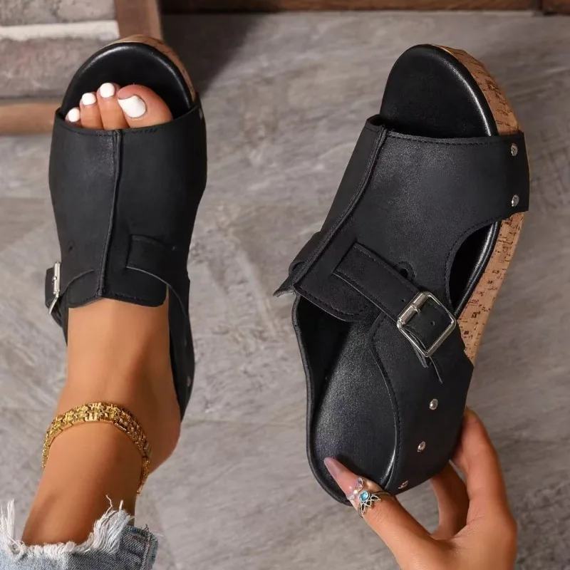 2025 feminino grosso sola cunhas chinelos verão fivela peep toe praia sapatos elegantes para mulher meados de salto chinelos de mujer
