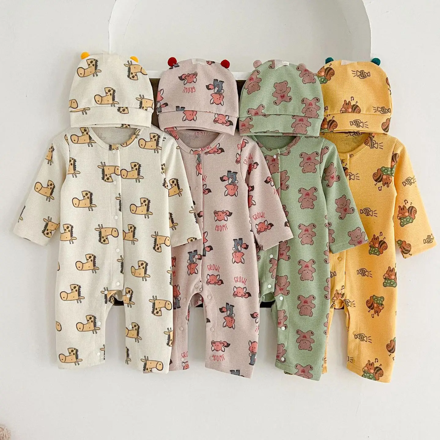 

New Autumn Newborn Clothes Boy Girl Cartoon Long Sleeve Cardigan Waffle Romper Baby Cute Print One-piece Infant Cotton Jumpsuit