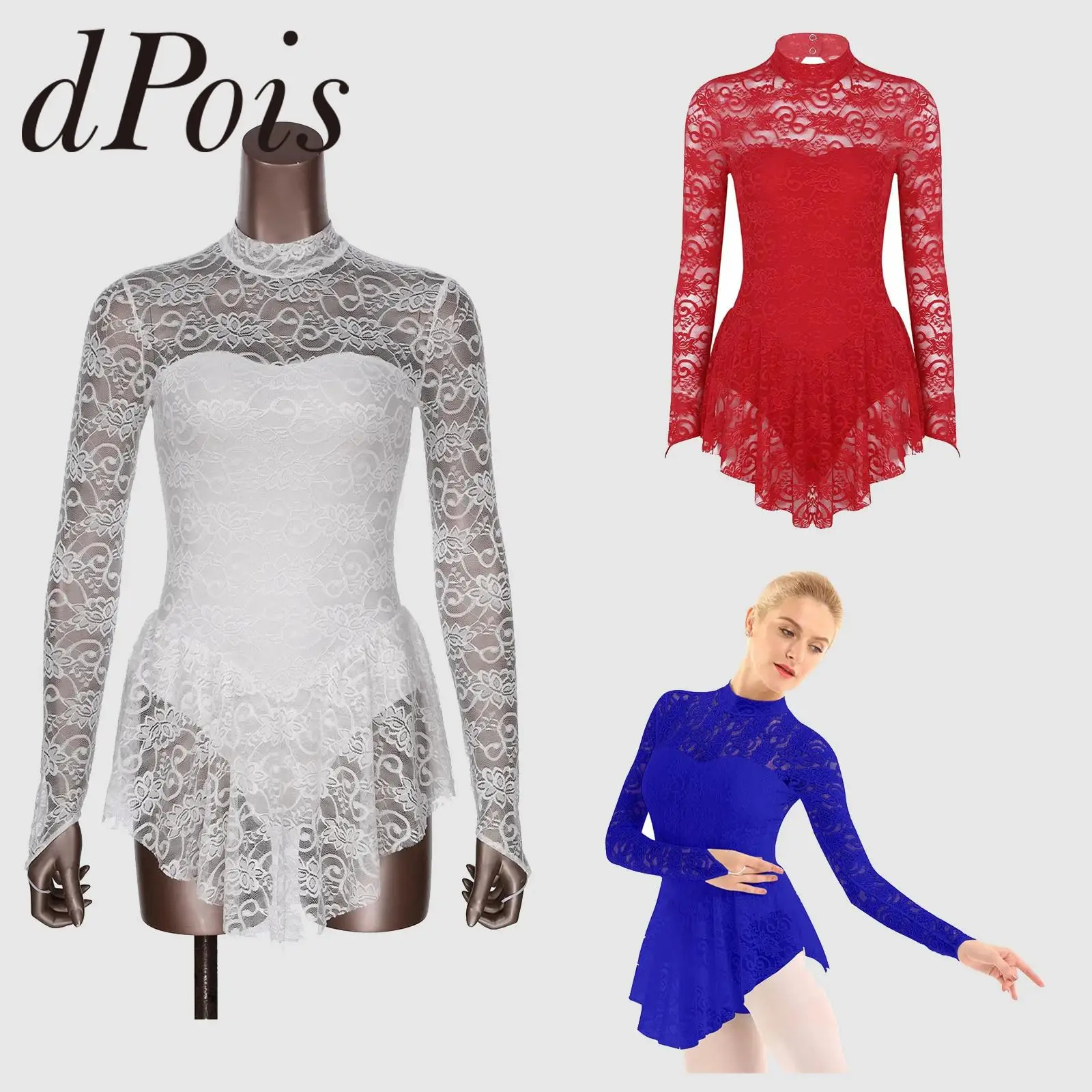 

Women Figure Roller Skating Dress Lace Ballet Leotard Dress Exercise Performing Costume Lyrical Dancing Dress Femme Dancewear