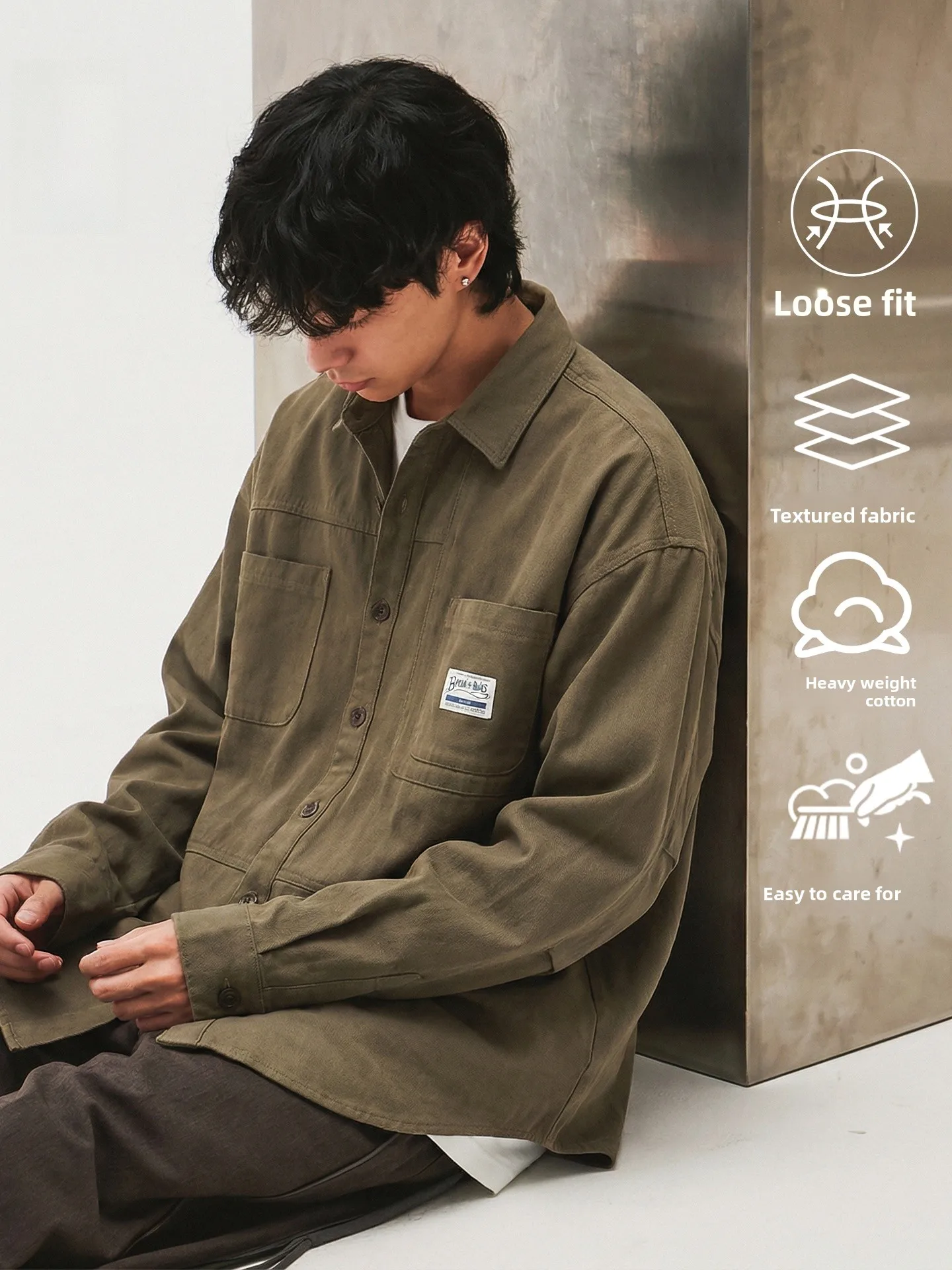 

Heavyweight Pure Cotton Casual irt Jaet Men's Loose Long Sve Workwear Sle Spring New Faion Durable Youth Clothing
