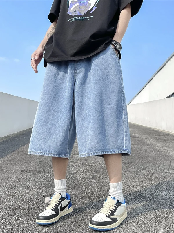 Summer Thin Men's Overalls Loose Straight Leg Jeans Knee-Length Shorts Low Waist Wide Leg Blue Denim Casual Youth Fashion