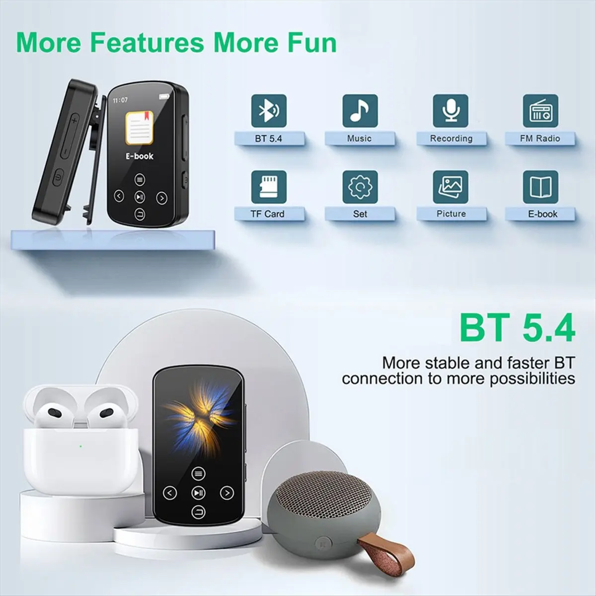 Hot Sale Bluetooth MP3 Player Sport Back Clip Music Player HiFi Sound Sports Player 1.5 Inch Screen with FM Radio E-Book 16G