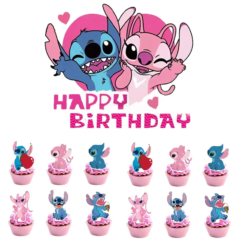 1 مجموعة ليلو وستيتش كعكة توبر الوردي ستيتش كب كيك توبر للأطفال عيد ميلاد سعيد كعكة الديكور استحمام الطفل هدايا الحفلات #6