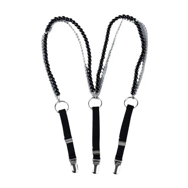 

Black Color Pearl Adult Women Suspenders Adjustable Shoulder Strap for Trouser Rhinestone Pants Clips Braces