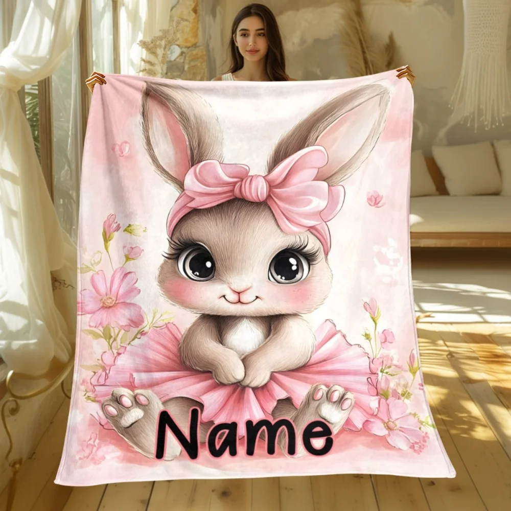 1Pc Personalized Custom Name/Text Cute Rabbit Flannel Blanket, Soft and Comfortable, Suitable for Office, Home, Unique Present