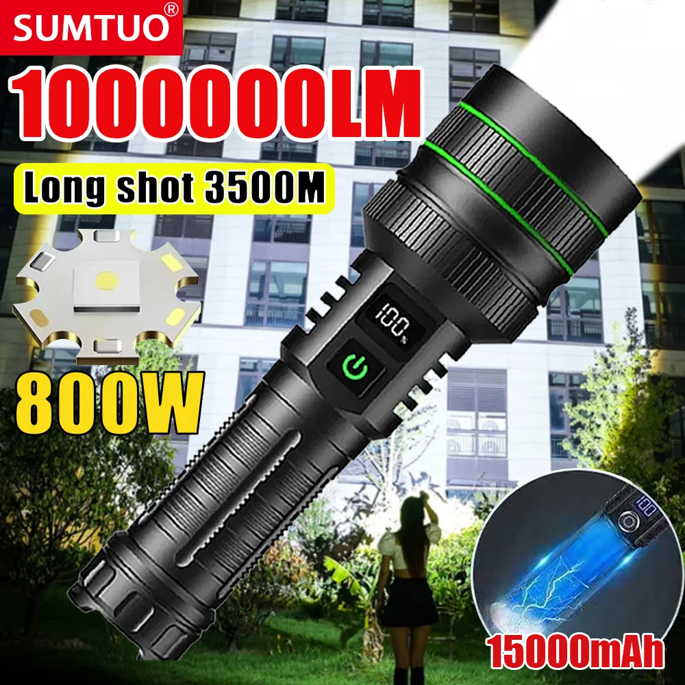 

1000000LM Ultra Powerful Flashlight Rechargeable 800W LED Flashlights High Power Zoom Torch Long Range 3500m Tactical Lantren