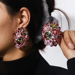 Trendy Rhinestone Round Ear Clip Earrings Wedding Jewelry for Women Elegant Colorful Crystal Dangle Earrings Party Accessories