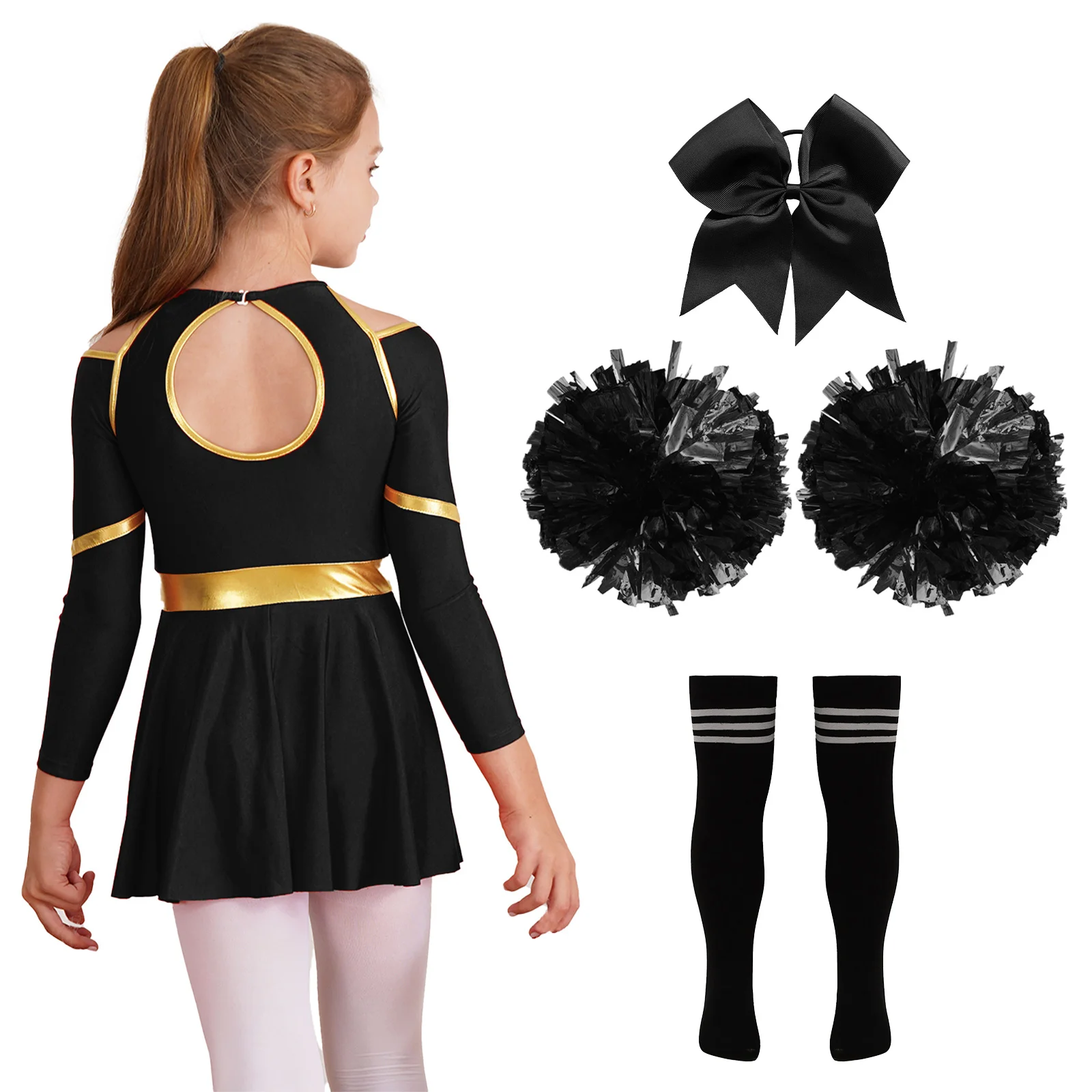 Kids Girls Cheerleader Costume Halloween Cheerleading Uniform Long Sleeve Gymnastic Dance Dress with Pom Poms Stocking Hair Tie