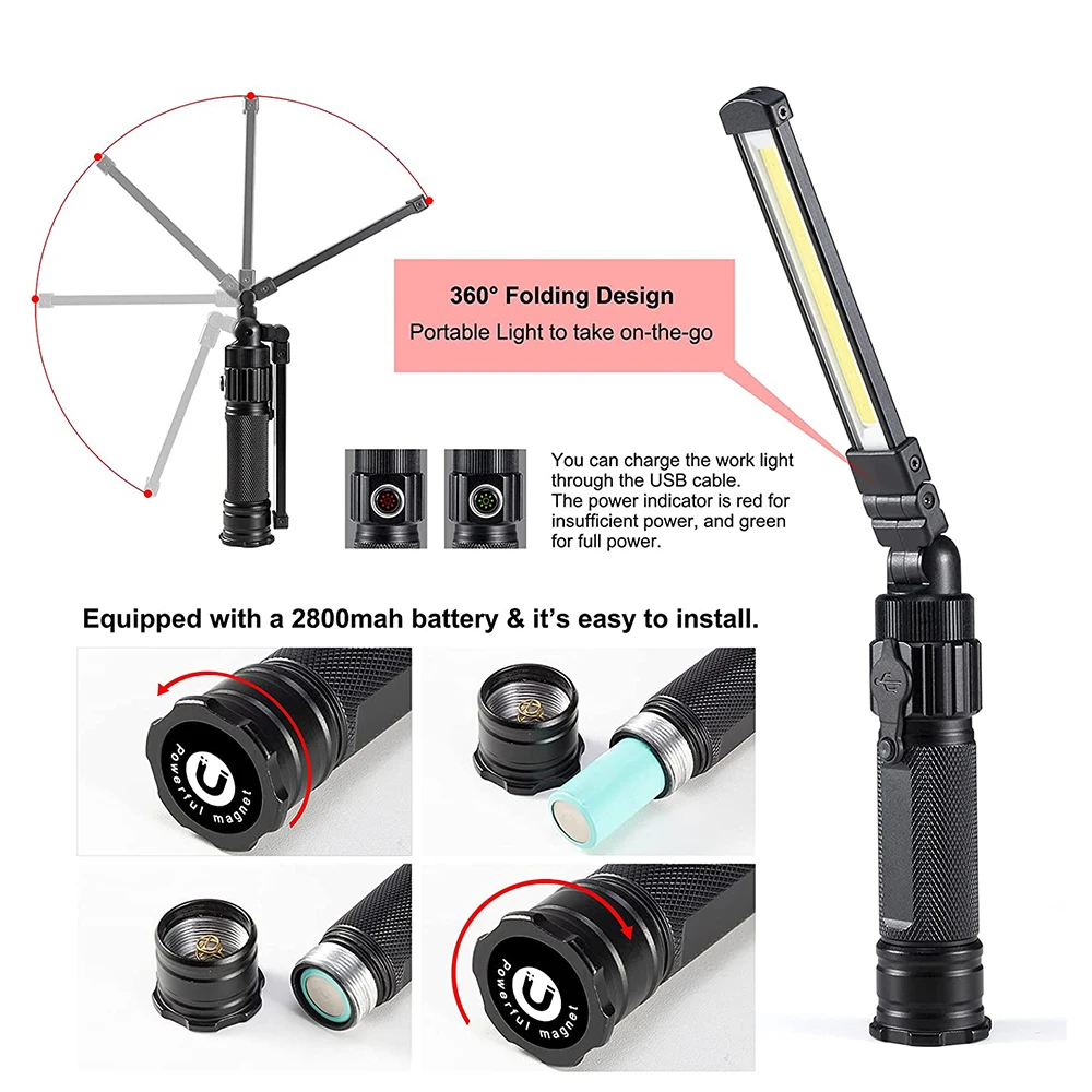 Rechargeable Foldable Work Light Ultra Bright LED Flashlight With Red Light 360° Rotate Magnetic LED Work Lamp For Car Repair