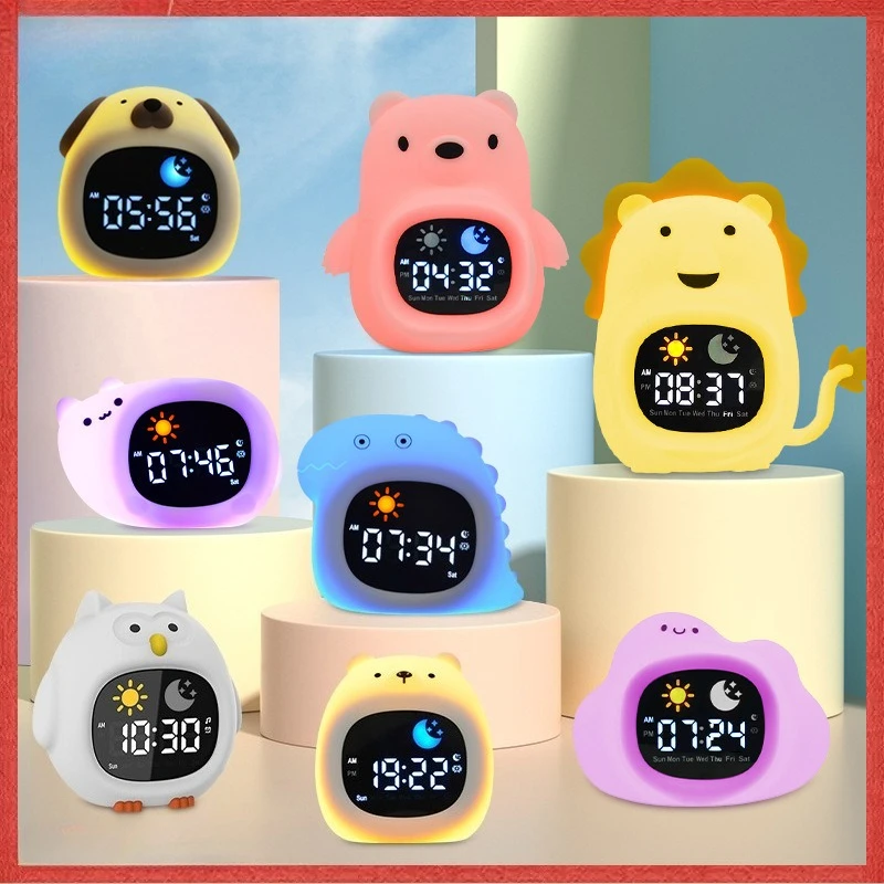 Cartoon Creative Animal Alarm Clocks Silicone Night LED Light Clock Baby Sleeping Training with Music for Children Bedroom Home