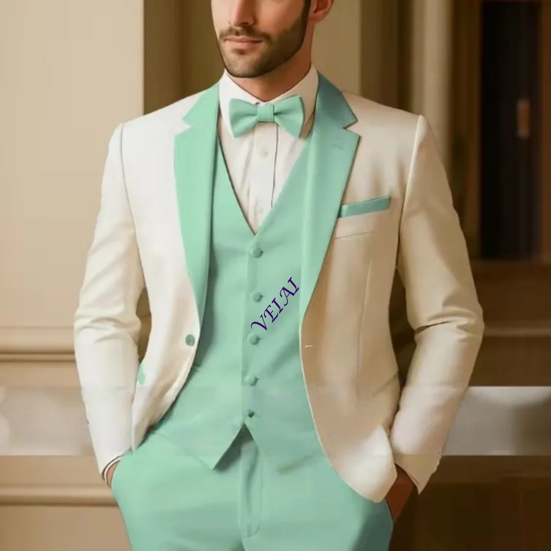 CustomizedElegant green men's 3pcs suit notch lapel jacket vest pants slim fit custom set for wedding groom dating Easter Xmas p