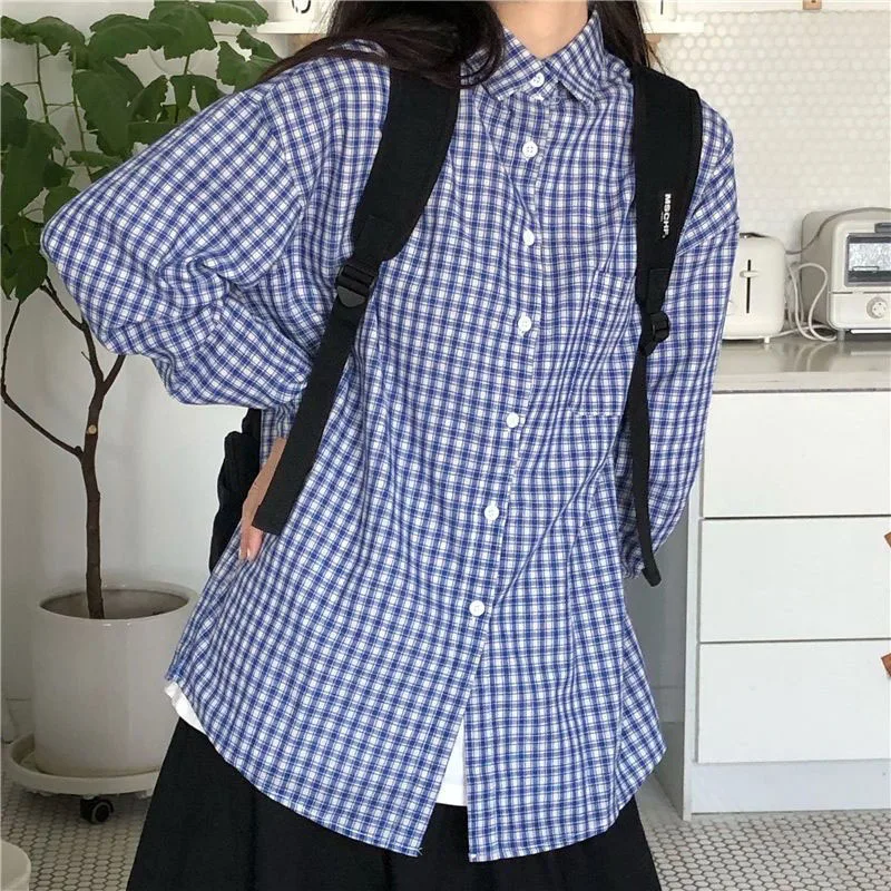 Lucyever Vintage Gingham Shirt Women Long Sleeve Button-Down Students Plaid Shirts 2025 New Trendy Unisex Couple Loose Blouse