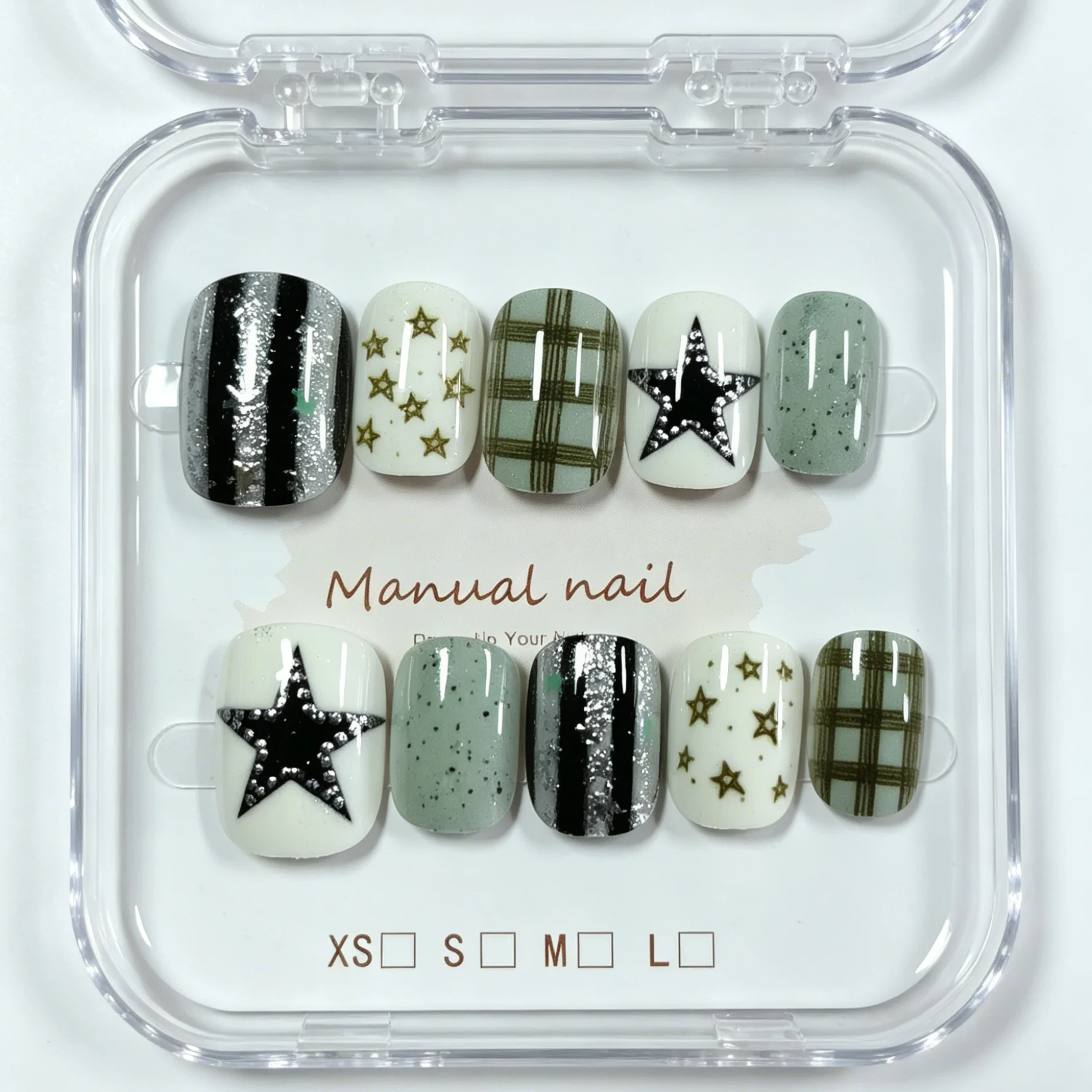 10 Hand Pressed Short Square Nails, Beautiful Fake Nails, Mint Green Checkered Star Sweet and Cool, Suitable for Women to Use