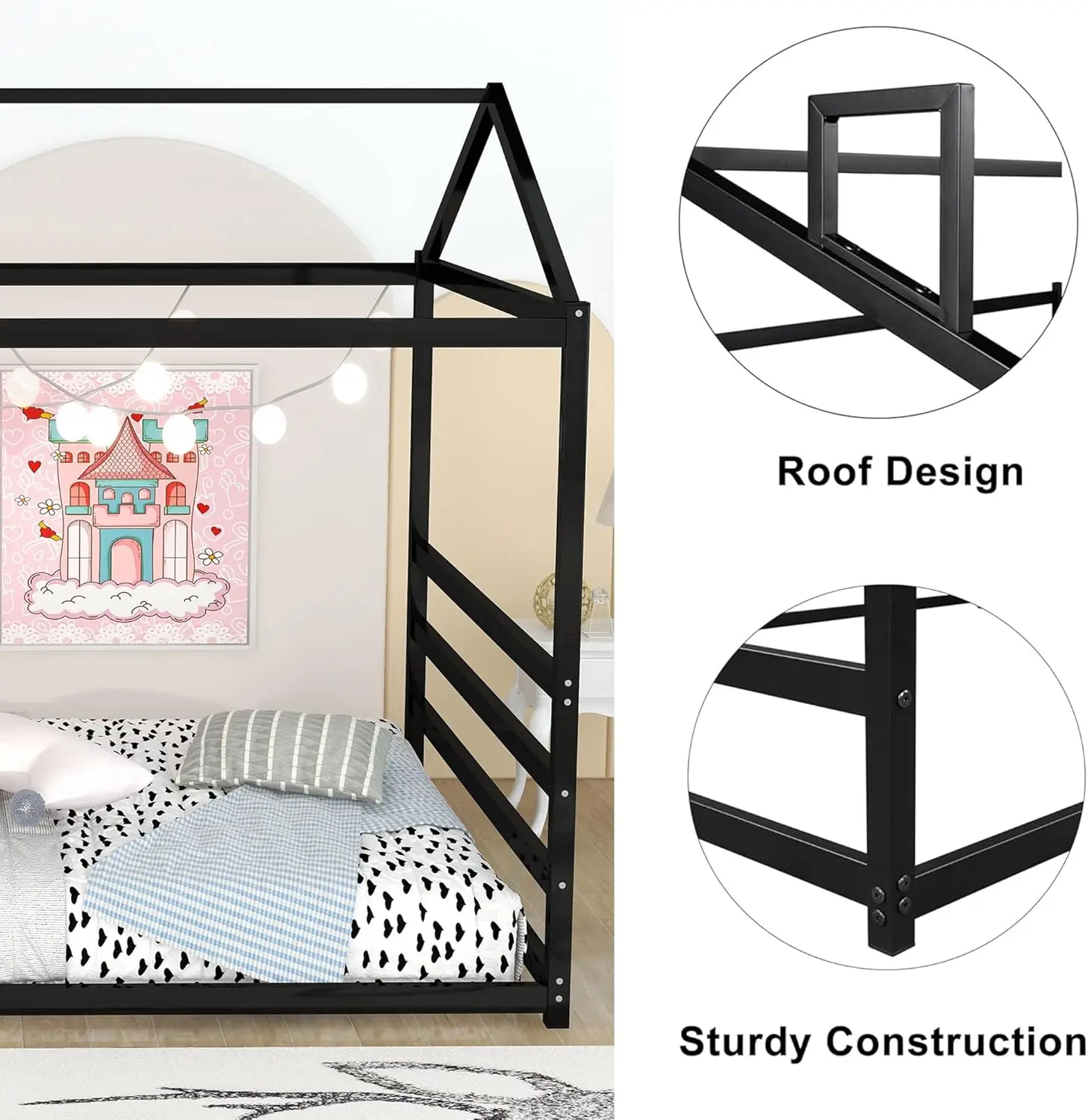 Queen size vloerbed voor kinderen, Montessori vloerbed met dak, huisbedframe Queen voor jongens meisjes, zwart