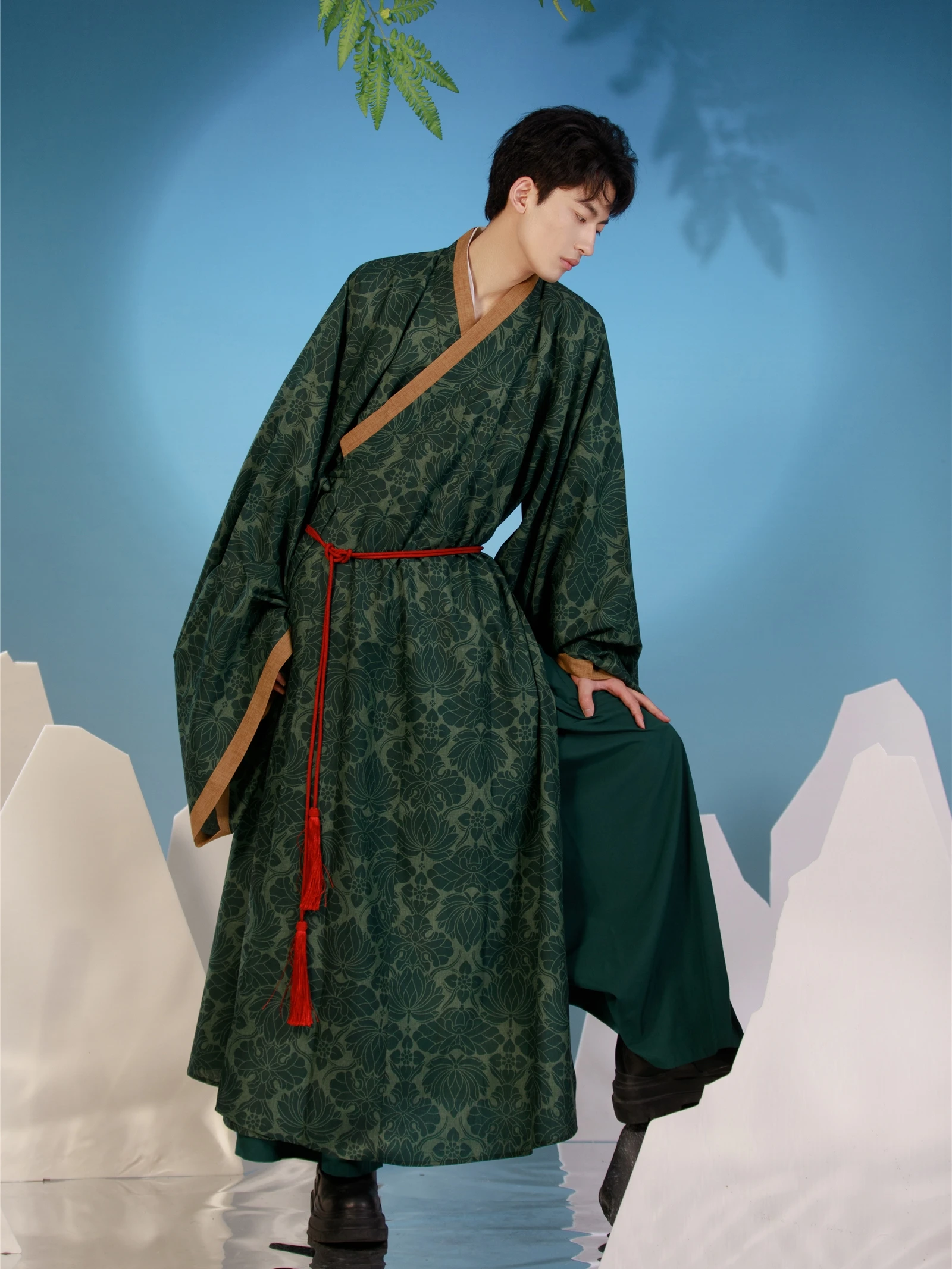 Song Dynasty Hanfu Printed Cross Neck Long Shirt Loose Robe Men and Women Couple Hanfu