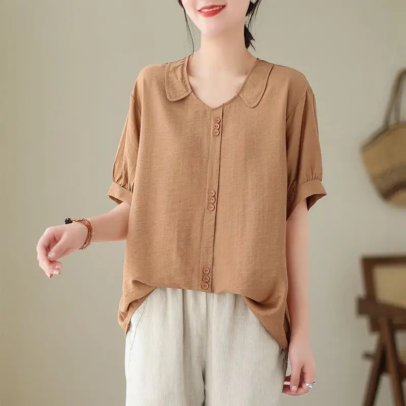 Women Summer Simplicity Loose Large Size Elegant Cotton and Linen Short Sleeve T-Shirt Women Clothes Casual Appear Thin Top Tee