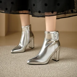 Gold Silver Boots Women's Chunky Heels Pointed Toe Shoes French Concise 2024 Autumn Winter Footwear