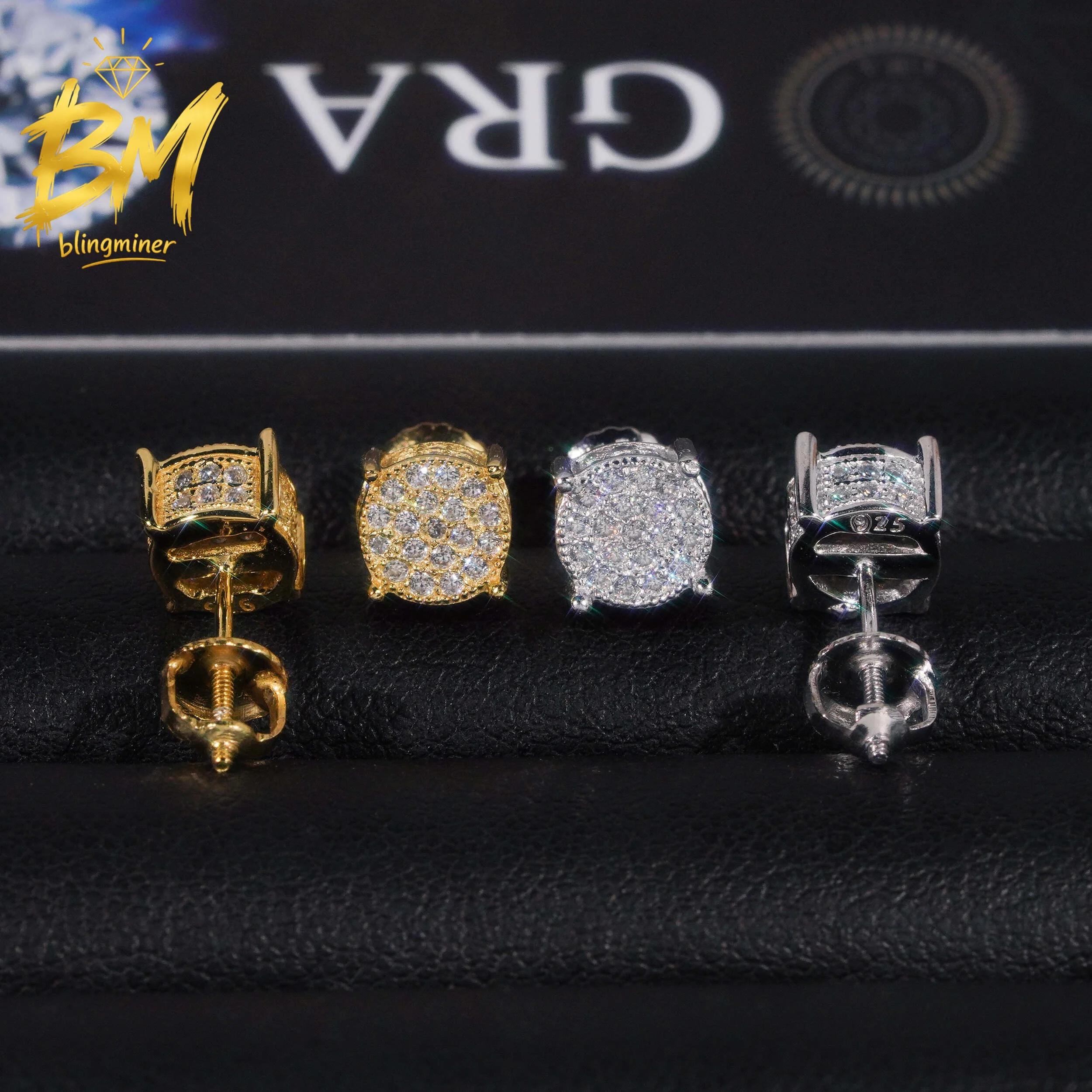 Blingminer Iced Out 6.5mm Round S925 Silver VVS Moissanite Earrings For Men Women Ear Studs Jewelry Pass Diamonds Tester GRA