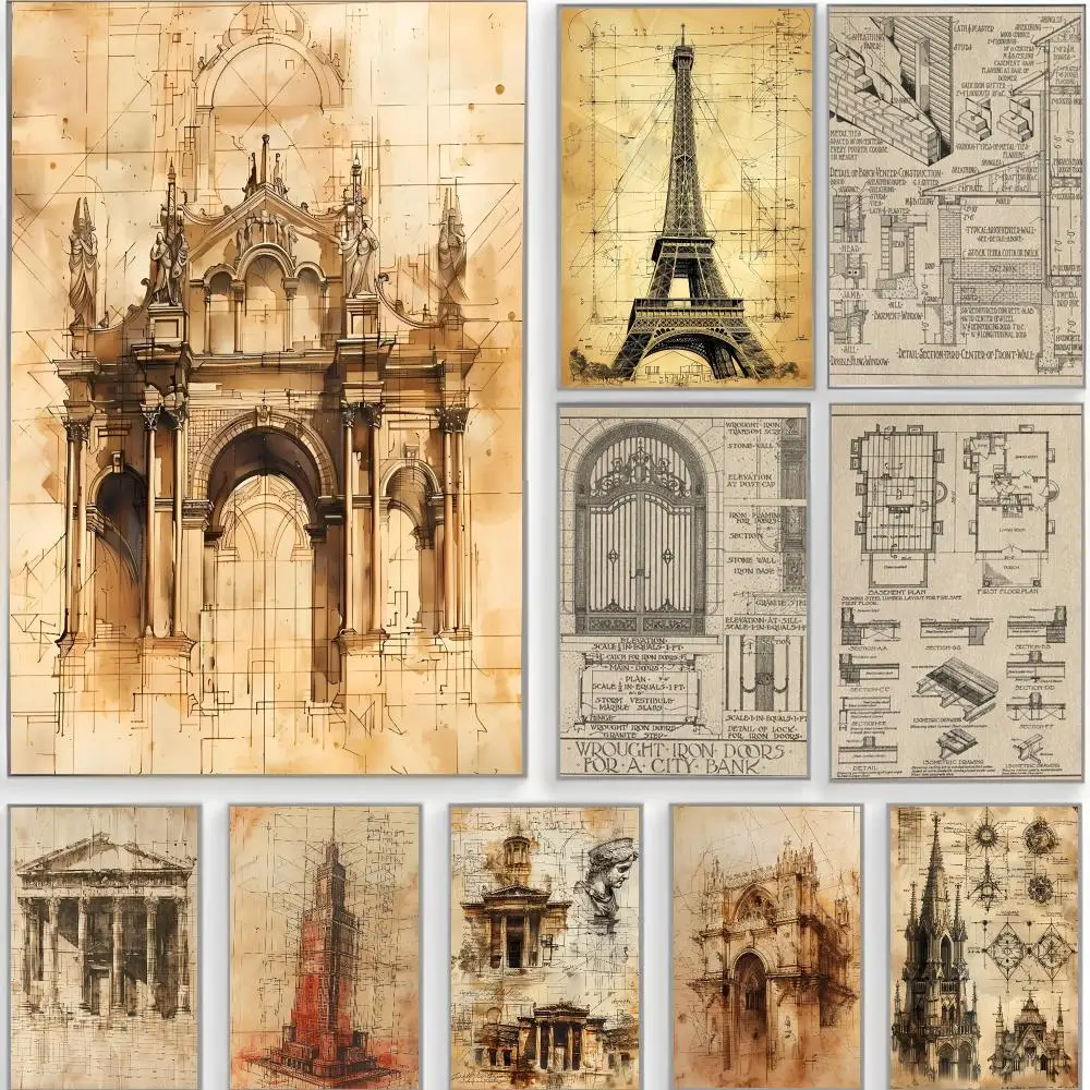 Classic Poster Vintage Architecture Drawings Poster Classic Wall Art  Home Decor  Peel and Stick Unframed