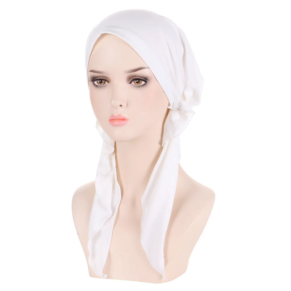 Muslim Pre-Tied Chemo Caps Beanies Bonnet Women Turban Stretch Hat Headscarf Wrap Femme Cancer Cover Long Tail Bandana Mujer