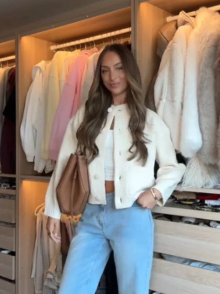 Casual Knitted Sweater Women Solid Long Sleeve O-neck Single-breasted Pockets Knitwear 2025 Autumn Winter Fashion Lady Outwears