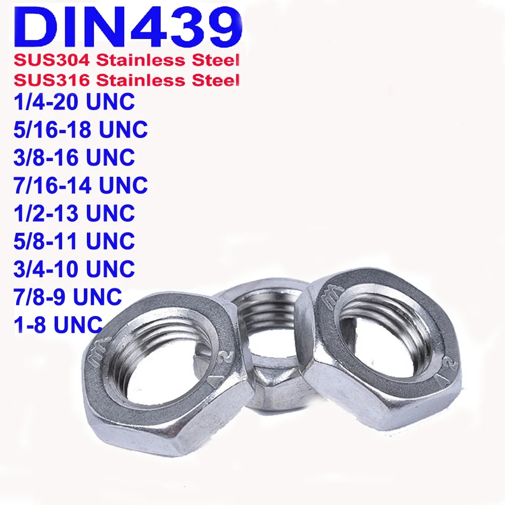 DIN439 GB6173 Hex Thin Nuts 1/4 5/16 3/8 7/16 1/2 5/8 to 1'' UNC SUS304/SUS316 Stainless Steel Chamferred Hexagon Nuts