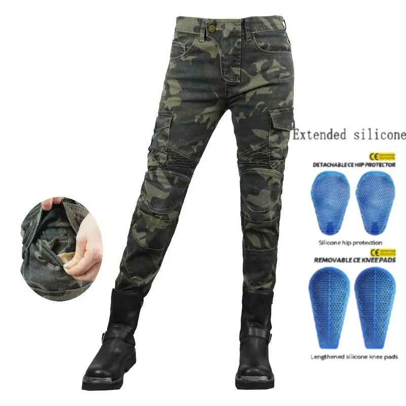 Volero Camouflage Motorcycle Riding Protection Jeans Loose Straight Motocross Cycle Pants Female Knight Protect Casual Trousers