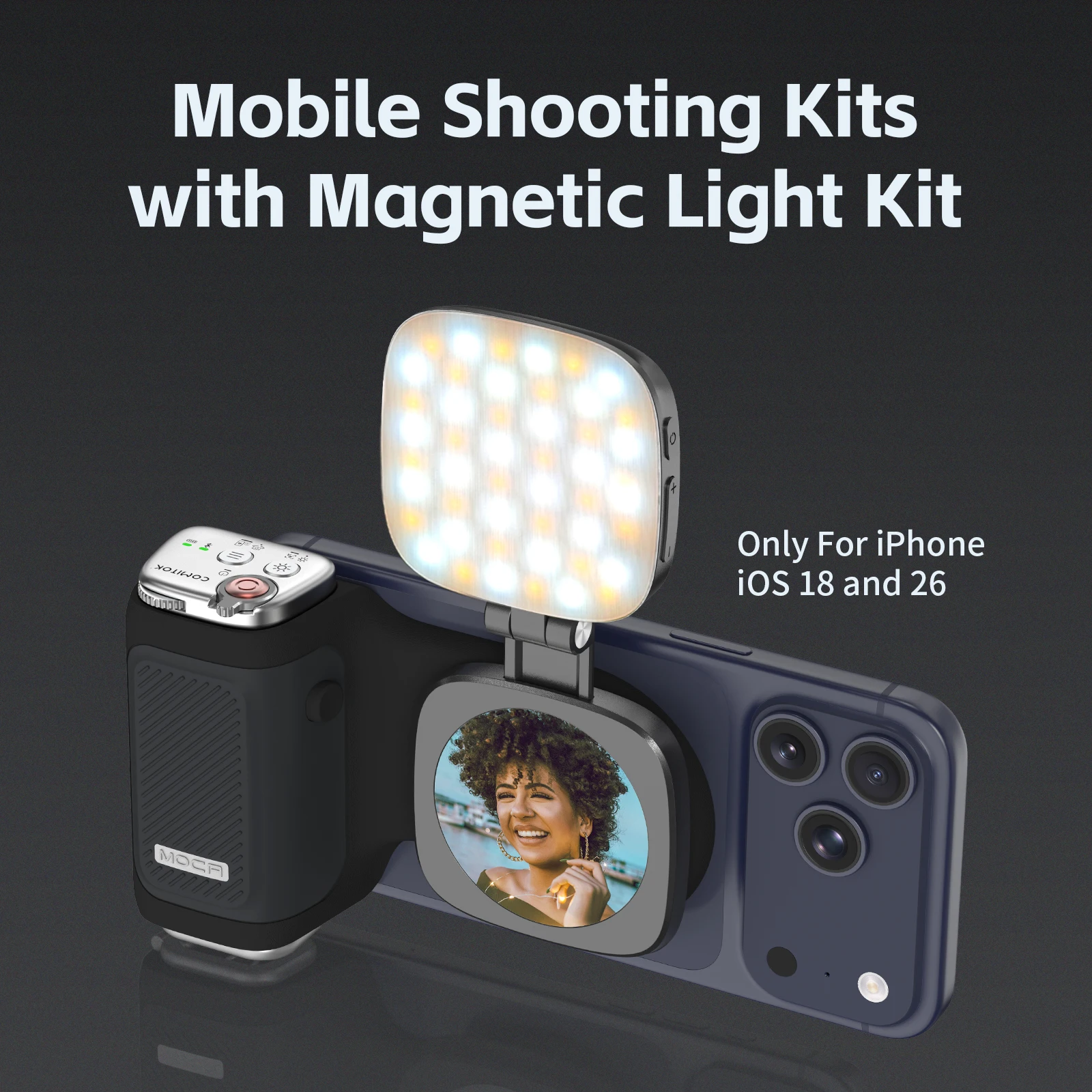 COMITOK MOCA Selfie Booster per iPhone Pro, impugnatura ergonomica, otturatore DSLR/telecomando ricaricabile + specchio opzionale/luce di riempimento