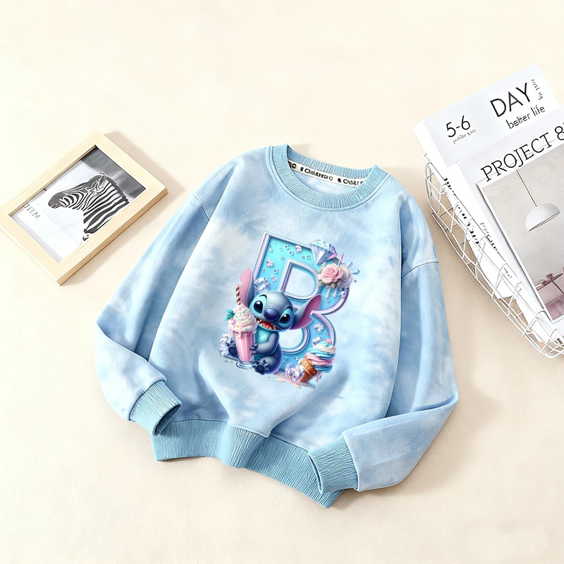 

Lilo Stitch Tie-dyed Fleece Sweatshirt Kid Pullover Letters Print Crew Neck Sportwear Long Sleeve Boy Girl Winter Keep Warm Tops